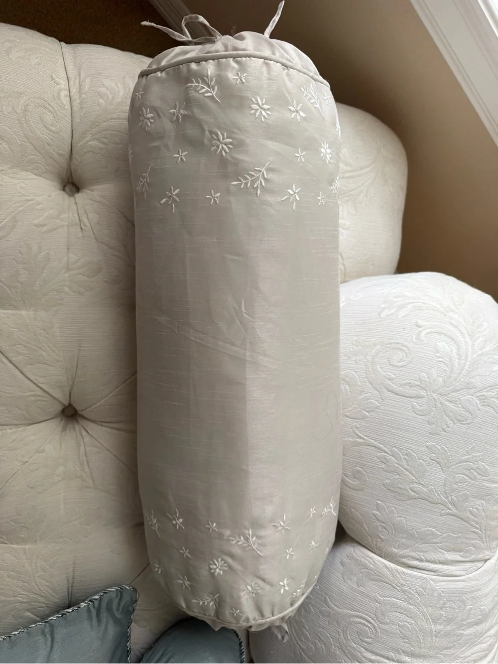 Embroidered Decorative Bolster Pillow - Cream